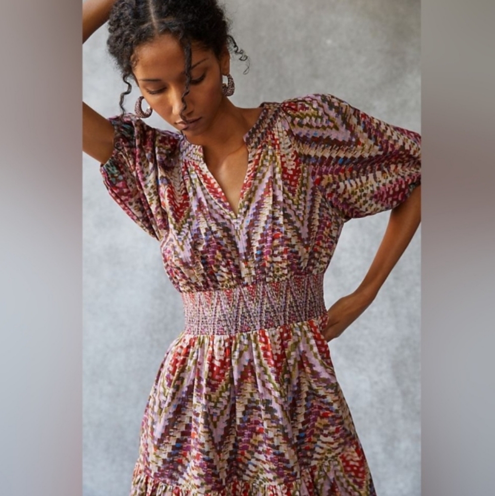 Anthropologie Joyce Puff Sleeve Tiered Midi Dress 10 - Picture 2 of 16